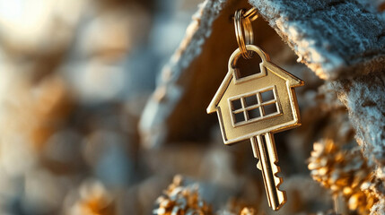 Golden house-shaped key hanging outdoors, symbolizing home security, real estate ownership, and investment, with a cozy bokeh background.