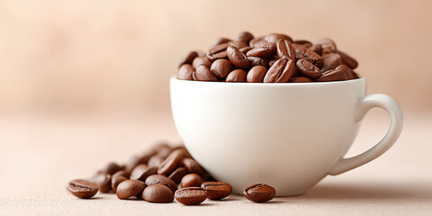 Fototapeta premium White cup filled with freshly roasted aromatic coffee beans on soft background.