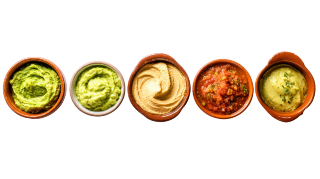 Assorted dips in bowls on white background, perfect for appetizers and entertaining.
