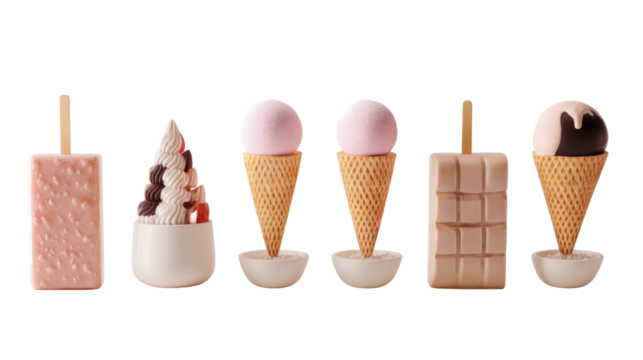 Assorted ice cream cones and popsicles on a white isolate background.
