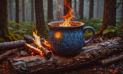 Blue pot with a sun on it sits on a log next to a fire. The pot is filled with fire and the log is covered in ash. The scene is warm and inviting, with the fire providing a cozy atmosphere