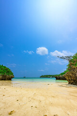  石垣島の透明な海に浮かぶ小さな緑の奇岩　青い空とエメラルドグリーンの海