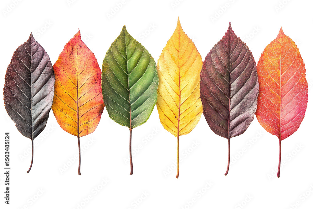 Aufkleber colorful autumn leaves arranged in a row showcasing a gradient of shades from green to red on a tran