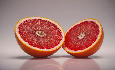 Two oranges are cut in half, one of which is red. The other half is white. Concept of freshness and health, as oranges are a nutritious fruit