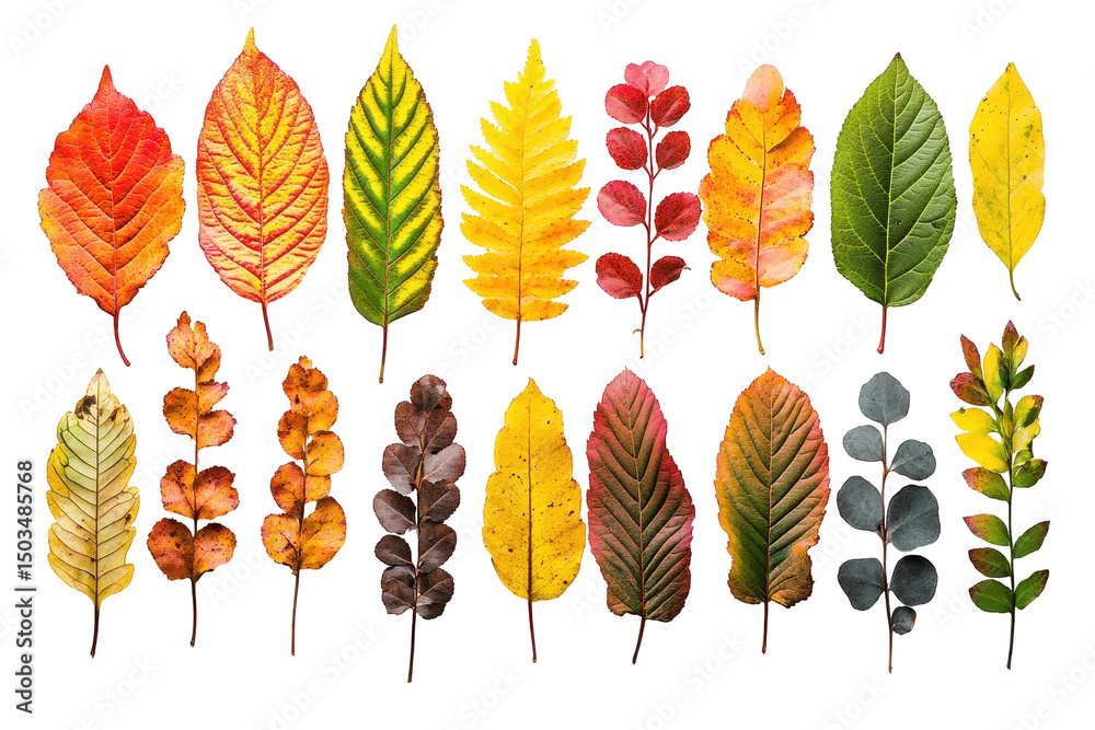 Poster Colorful autumn leaves arranged in a row showcasing a gradient of shades from green to red on a transparent background