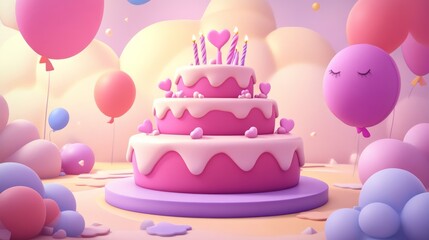 Adorable Pink Birthday Cake with Balloons birthday background