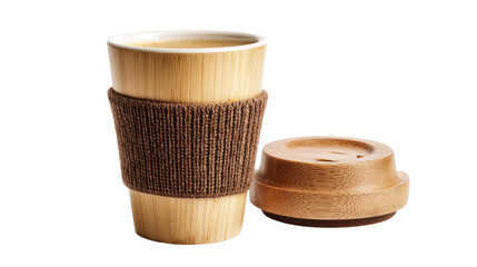 Eco-friendly bamboo coffee cup with a cozy sleeve and lid, isolated on white.