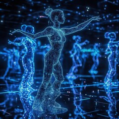 A futuristic AI choreographing a dance with holographic dancers