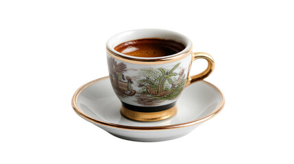 Obraz premium Elegant coffee cup with saucer, detailed design, isolated on white background.
