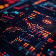 Fototapeta premium A futuristic AI data center processing stock market trades with glowing servers Focus on the servers and glowing lights