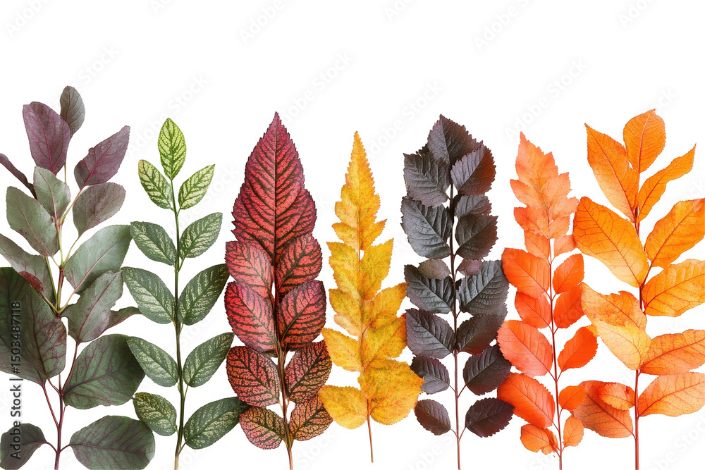 Poster Colorful autumn leaves arranged in a row showcasing a gradient of shades from green to red on a transparent background