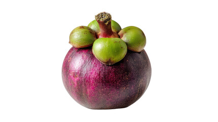 Fresh mangosteen fruit with green accents, white isolated background.