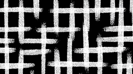 Distressed Grid Chalky White Lines on Black Rough Texture.