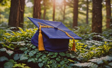 Blue cap and gown with yellow trim sits on a bed of green leaves. The cap and gown are open, revealing the graduation cap. Concept of accomplishment and pride, as the graduate is about to receive