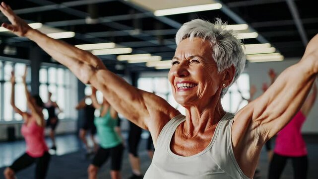 Energetic senior woman leading vibrant group dance workout in a bright studio