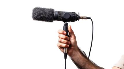 Microphone held by a hand, white isolate background