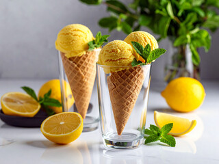 Lemon ice cream in wafers placed in a tall glass.