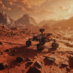 A futuristic AI rover exploring a red Martian landscape
