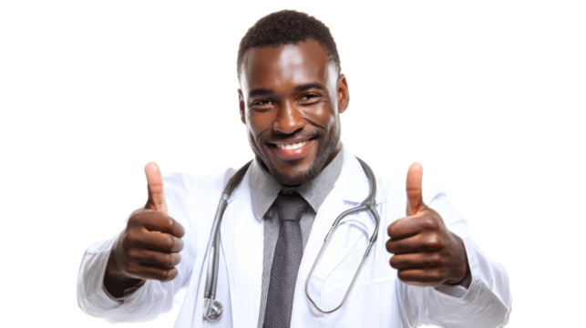Smiling doctor with thumbs up, encouraging and positive gesture, isolated background.