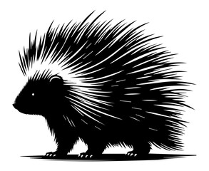 Black and white silhouette of a porcupine on a white isolated background. Vector graphics. EPS.