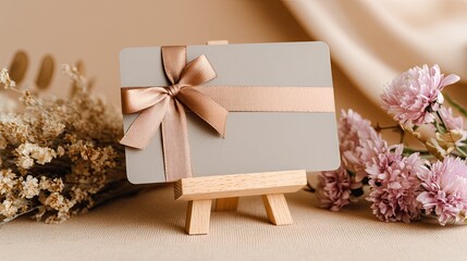 Gift Card Elegance Bow with Flowers, and Easel on Beige Backdrop.