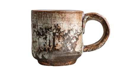 Unique brown ceramic mug with rustic texture and shape, isolated on white background.