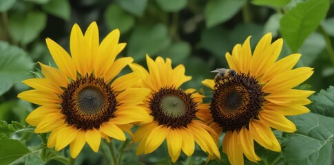 Obraz premium A bee rests on a vibrant sunflower petal amidst green foliage , botany, wildlife photography