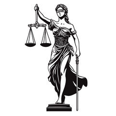 Blindfolded Lady Justice statue holding scales and sword with flowing gown detailed in black and white vector illustration for law symbol concept