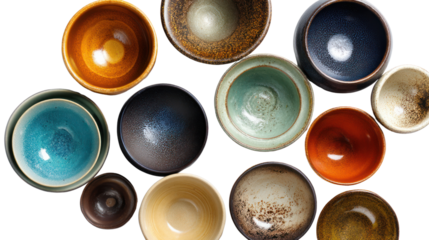 Various colorful bowls arranged on a white isolated background.