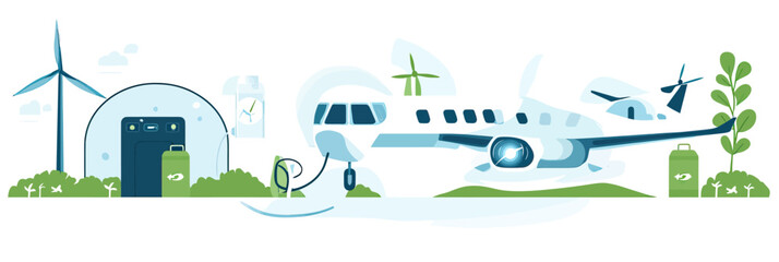 Naklejka premium Electric airplane charging at sustainable renewable energy station with wind turbine and green environment future aviation concept vector illustration
