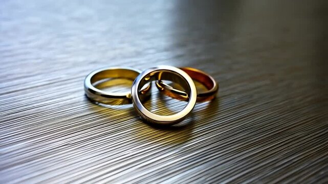 Three wedding rings on a textured surface