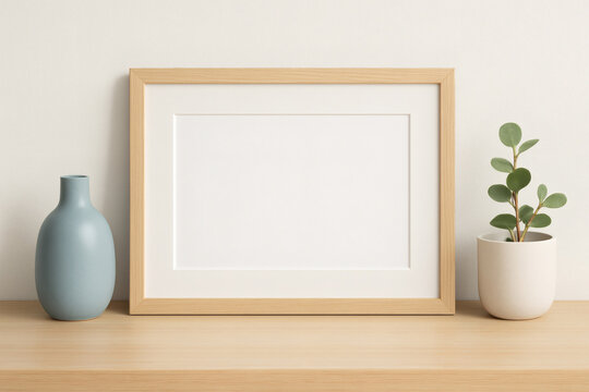 2:3 landscape horizontal picture frame mockup with mat for photos and art. Clean and neutral styling with blue accent vase and small houseplant.