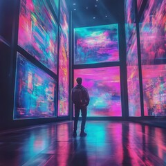 Fototapeta premium A futuristic art gallery with glowing holographic paintings Focus on the holographic paintings