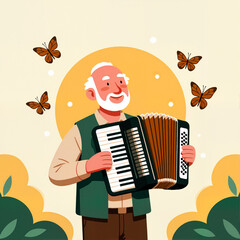 Smiling elderly man with white beard playing the accordion surrounded by butterflies against a warm pastel background, joyful concept of music therapy or community events