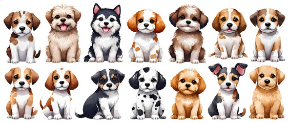 Naklejka premium A row of puppies with different colors and markings.