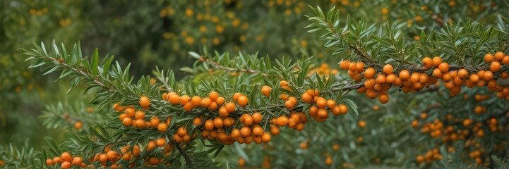 Compact sea buckthorn shrub loaded with vibrant berries, flowering in a lush garden  Focus on natural detail  ,  plant,  shrub