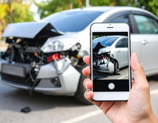 Hand Taking Photo of Car Crash with Smartphone for Insurance Claim