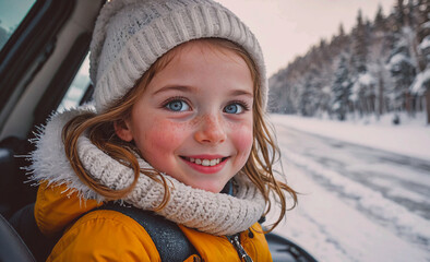 Young girl wearing a white hat and a yellow jacket is smiling in a car. The scene is set in a snowy environment, and the girl appears to be enjoying her time