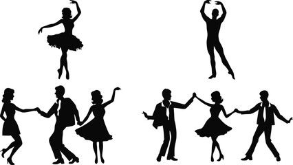 Silhouettes of ballet and ballroom dancers in elegant poses