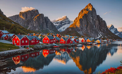 Beautiful mountain town with red houses and a lake in the background. The houses are small and red, and the lake is calm and peaceful. The scene is serene and picturesque
