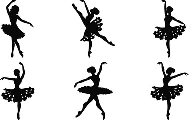 Silhouettes of female ballet dancers performing dynamic ballet poses © Meysood