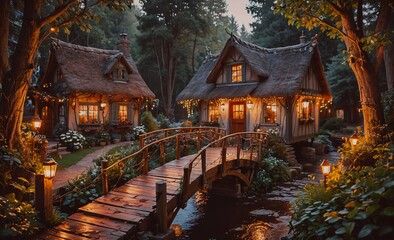 Bridge connects two small houses in a forest. The houses are lit up with lights, creating a warm and cozy atmosphere. Concept of tranquility and serenity, as if one is stepping into a peaceful