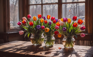 Three vases of tulips are arranged on a wooden table. The vases are filled with water and the tulips are in full bloom, creating a colorful and vibrant display
