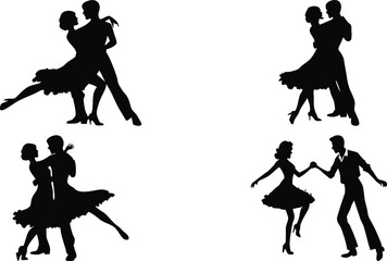 Ballroom dance couples performing passionate silhouette moves
