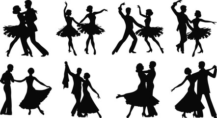 Dynamic ballroom dance couples in silhouette performing dance routines