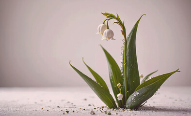 Small white flower with a green stem is sitting in the dirt. The flower is surrounded by a few other flowers, and the dirt is covered in a layer of snow. Concept of serenity and calmness