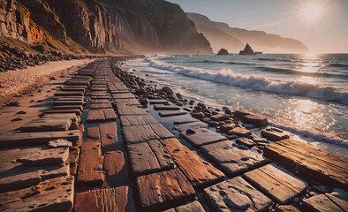 Beach with a rocky shoreline and a large body of water. The beach is lined with large wooden blocks, creating a unique and interesting landscape. The sun is setting, casting a warm glow over the scene