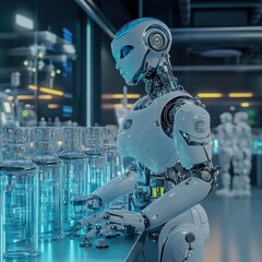 Fototapeta premium A futuristic AI robot assisting in a hightech laboratory Focus on the robot