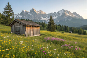Fototapeta premium Beautiful mountain landscape with wooden cabin and wildflowers scenic summer alps view 100char