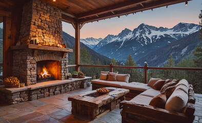 Cozy living room with a fireplace and a view of mountains. The fireplace is lit, and there are several oranges on a table. The room has a warm and inviting atmosphere, perfect for relaxing and